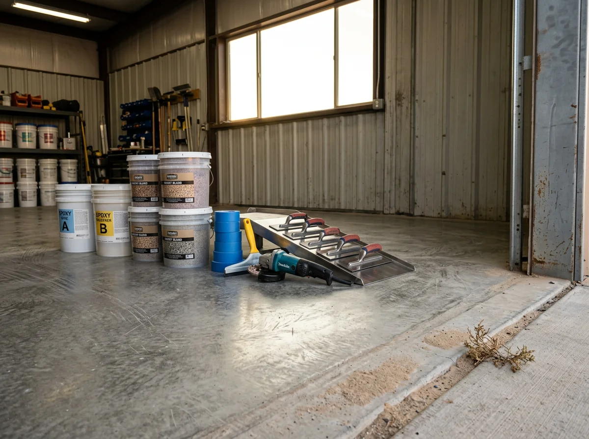 Shop floor setup with concrete coating materials, tools, and finishing equipment arranged for a floor coating job. The scene shows no people.