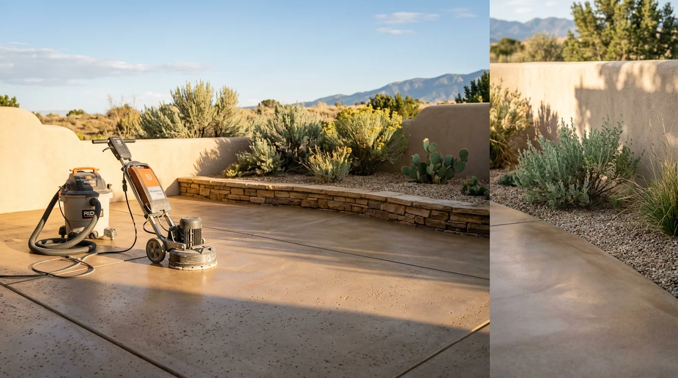 Stained and sealed concrete patio restored by Spartan Shield Concrete Coatings in New Mexico