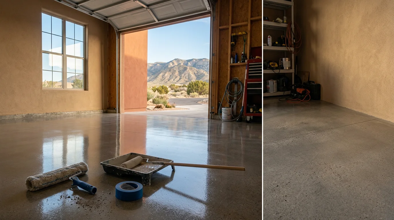 Glossy flake-coated garage floor installed by Spartan Shield Concrete Coatings in New Mexico