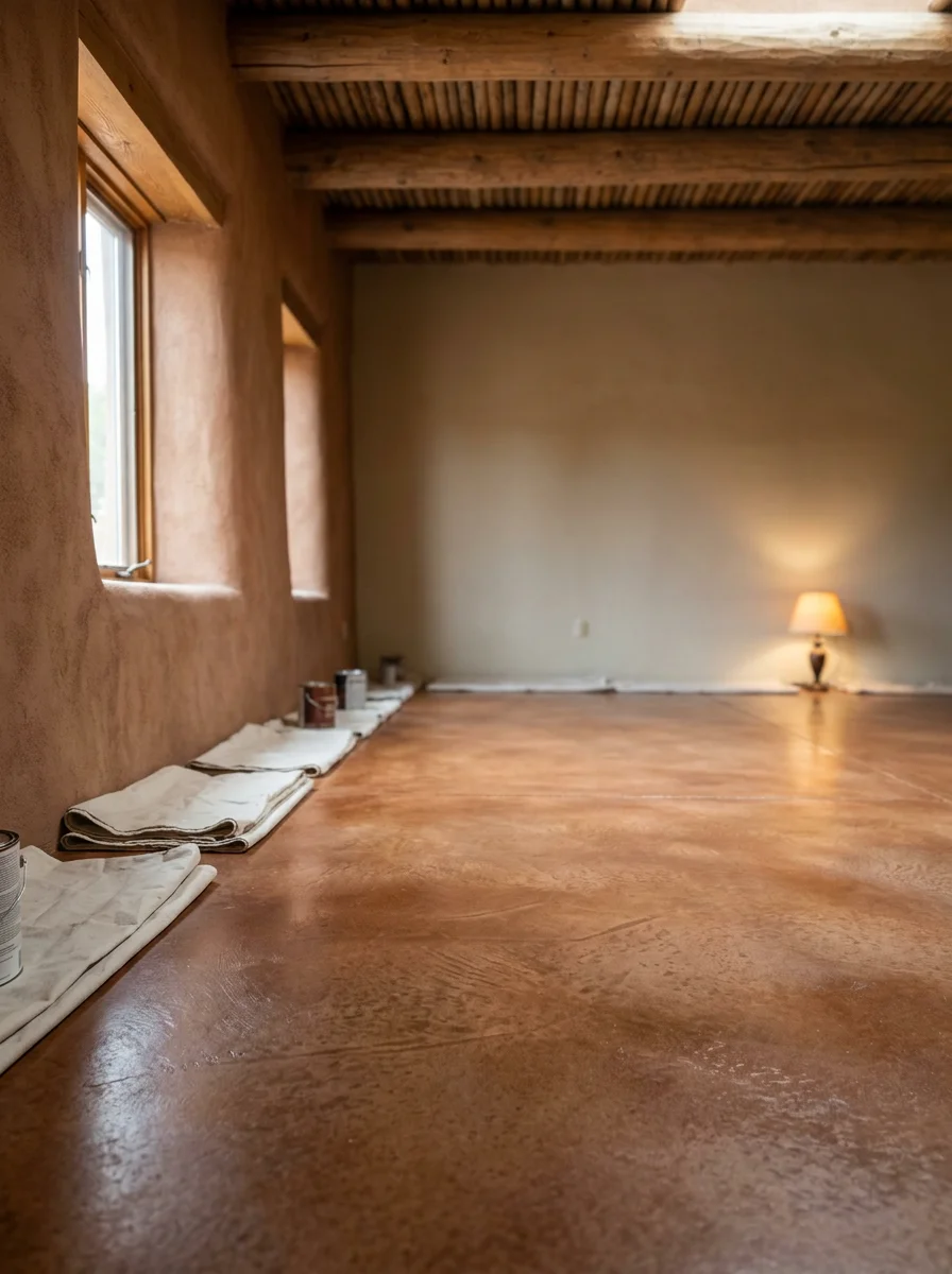 Portrait view of a concrete stained and sealed interior floor in an Albuquerque home, showing a warm earth-tone finish consistent with Southwestern interior design.