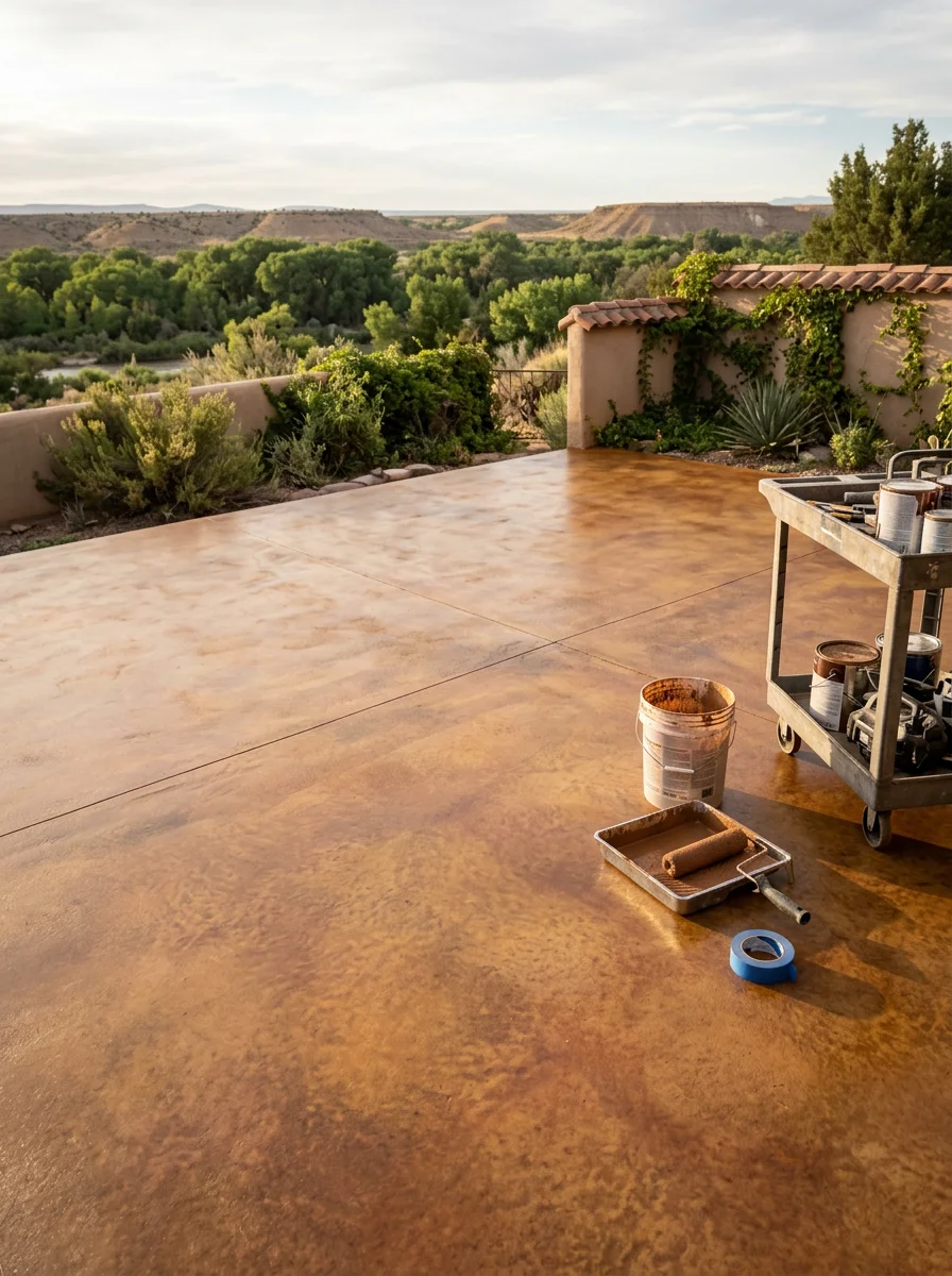 Portrait view of a sealed and stained concrete patio surface at a Belen property, showing a warm earth-tone finish on an older slab with the Rio Grande valley terrain in the background.