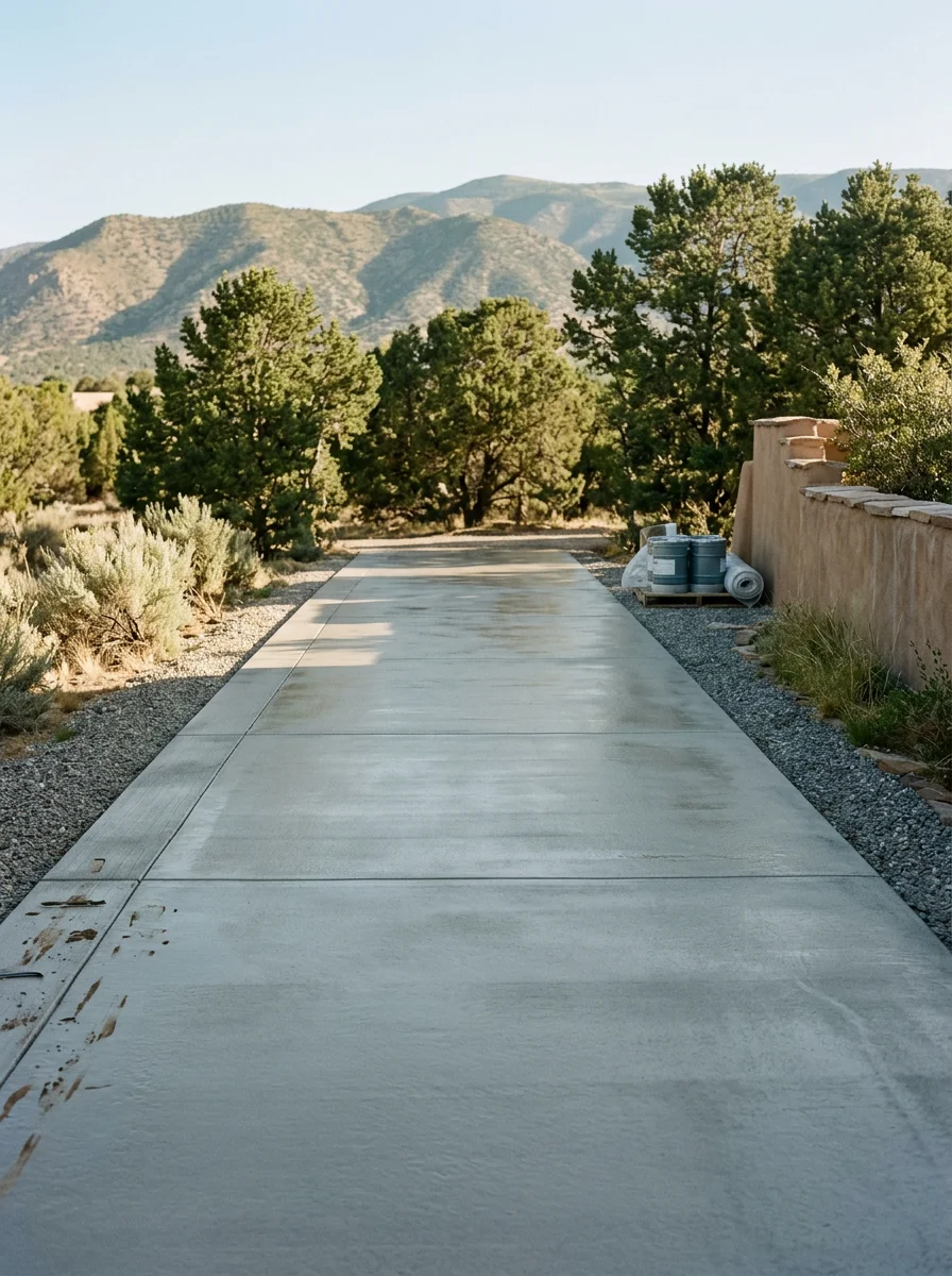 Portrait view of a sealed and restored concrete driveway at a Cedar Crest property, showing a smooth protective surface with piñon trees and mountain terrain in the background.