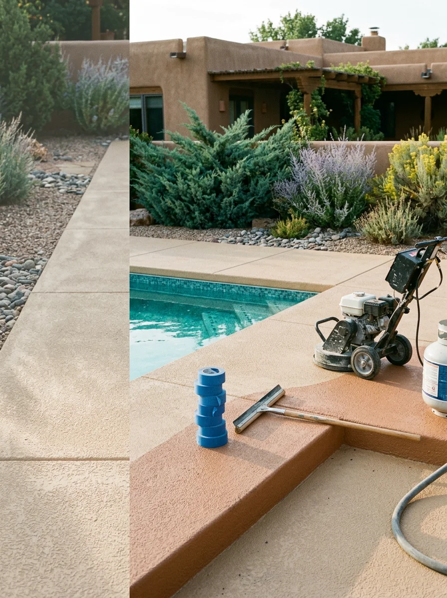 Portrait view of a pool deck restoration on a Corrales custom property, showing a slip-resistant coated surface around a pool with a Southwestern-style home and irrigated landscaping visible.