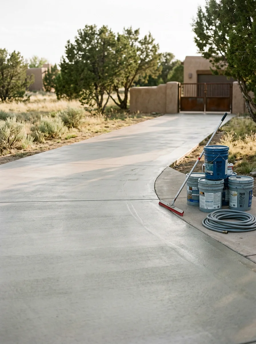 Portrait view of a sealed and restored concrete driveway at an Edgewood rural home, showing a smooth protective surface with piñon and juniper trees and open grassland terrain in the background.
