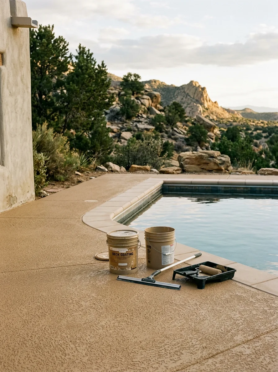Portrait view of a pool deck restoration on a Placitas custom home, showing a slip-resistant textured coating around the pool edge with rocky terrain surrounding the property.
