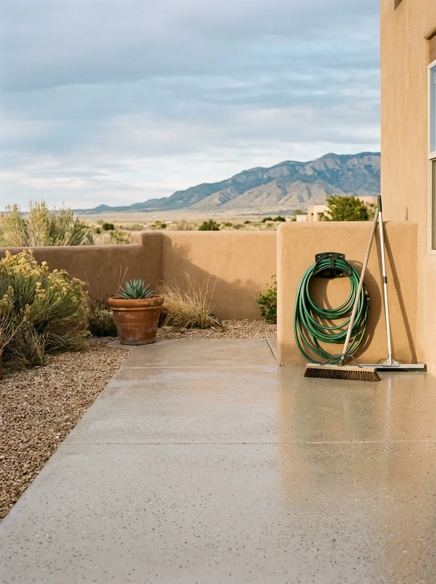 Close-up portrait of a coated concrete patio surface in Rio Rancho, showing a smooth sealed finish with the Sandia Mountains visible in the background.