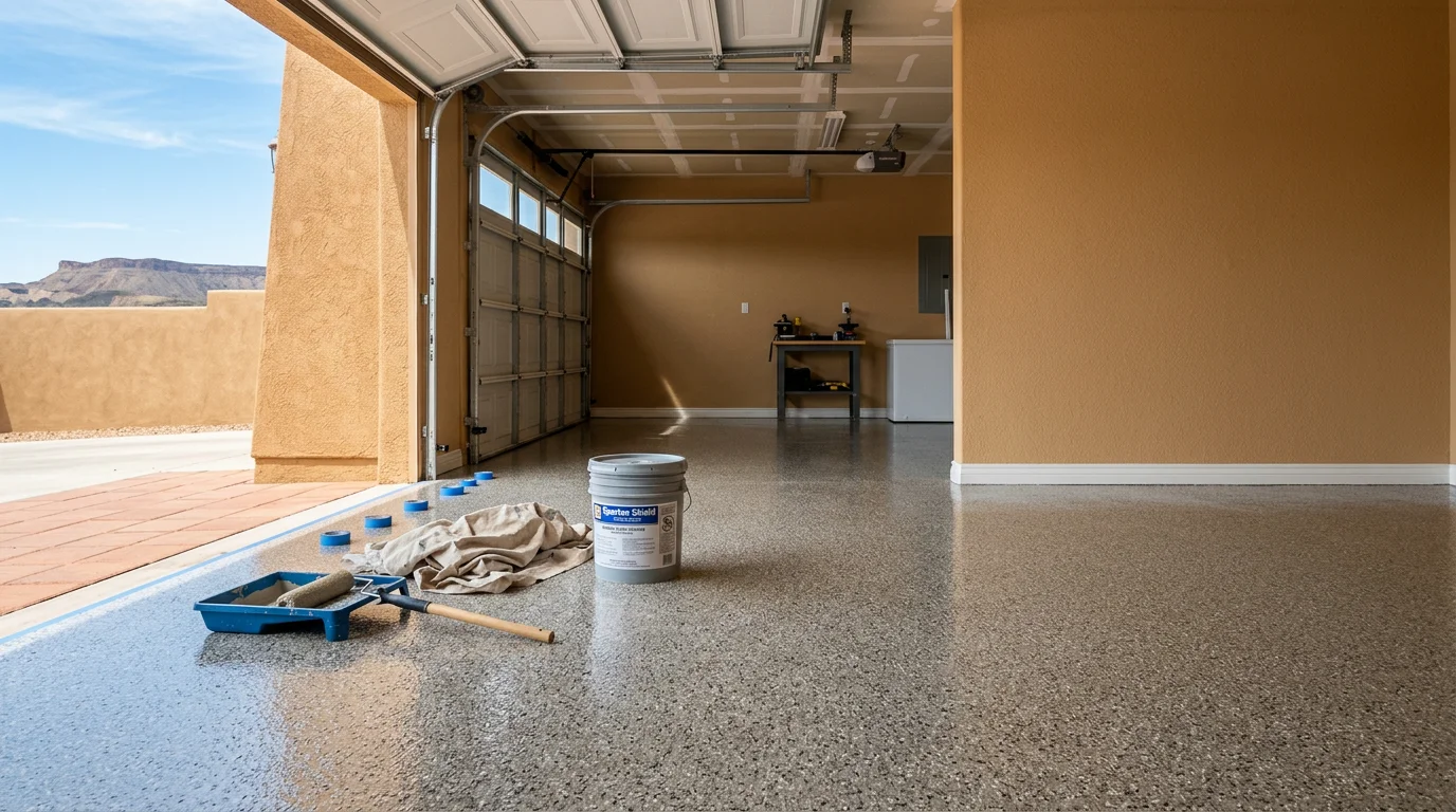 Freshly installed garage floor flake coating inside a single-family home in a Rio Rancho subdivision, showing a speckled gray and tan finish with a high-gloss topcoat.