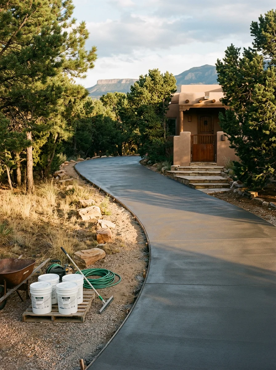 Portrait view of a restored and sealed concrete driveway on a sloped Tijeras lot, showing a smooth protective surface with piñon and ponderosa pine trees framing the property.