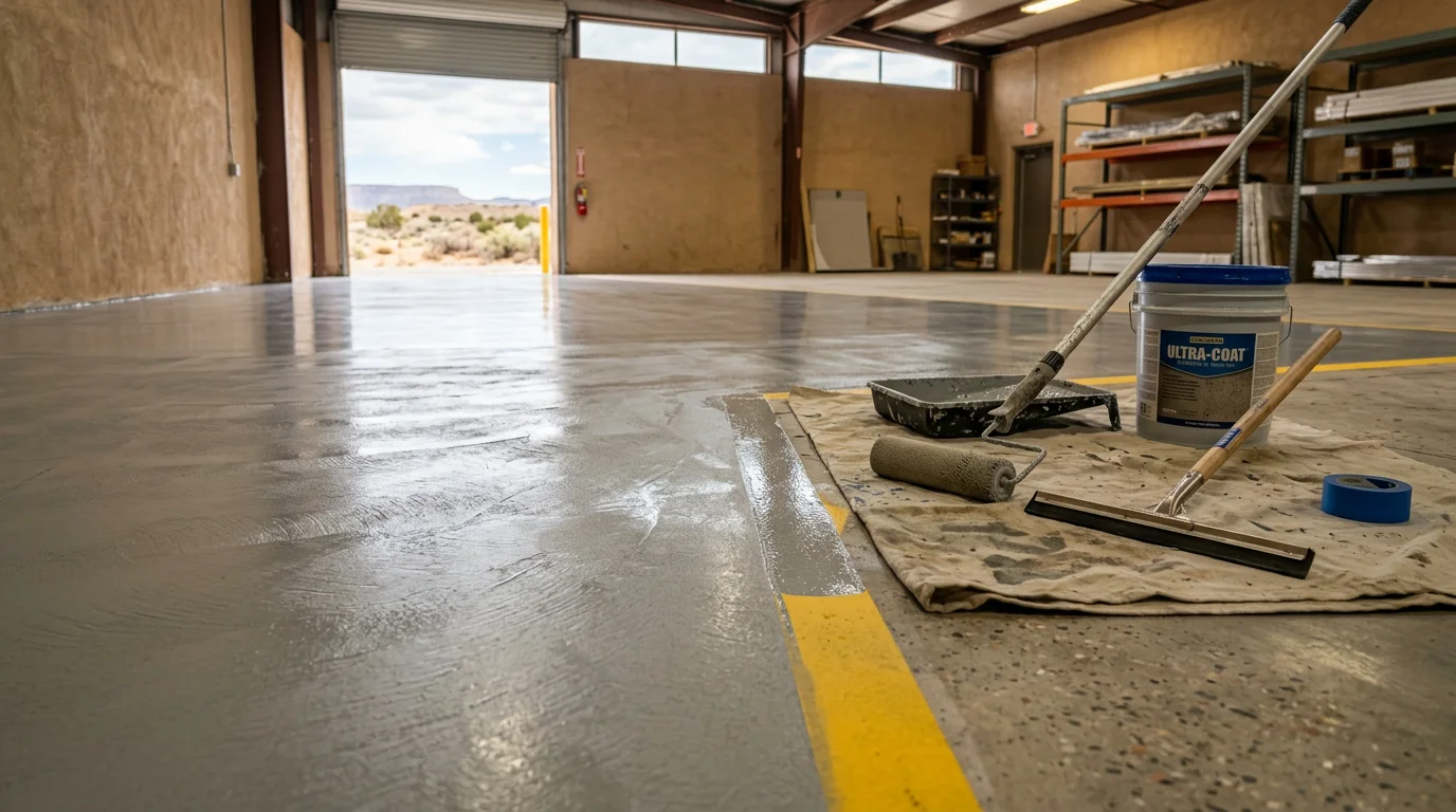 Freshly coated commercial concrete floor inside a Rio Rancho, New Mexico business facility, showing a smooth, light-reflective surface under overhead lighting. Wide-angle view of an open commercial floor space with clean, sealed concrete ready for daily business use.