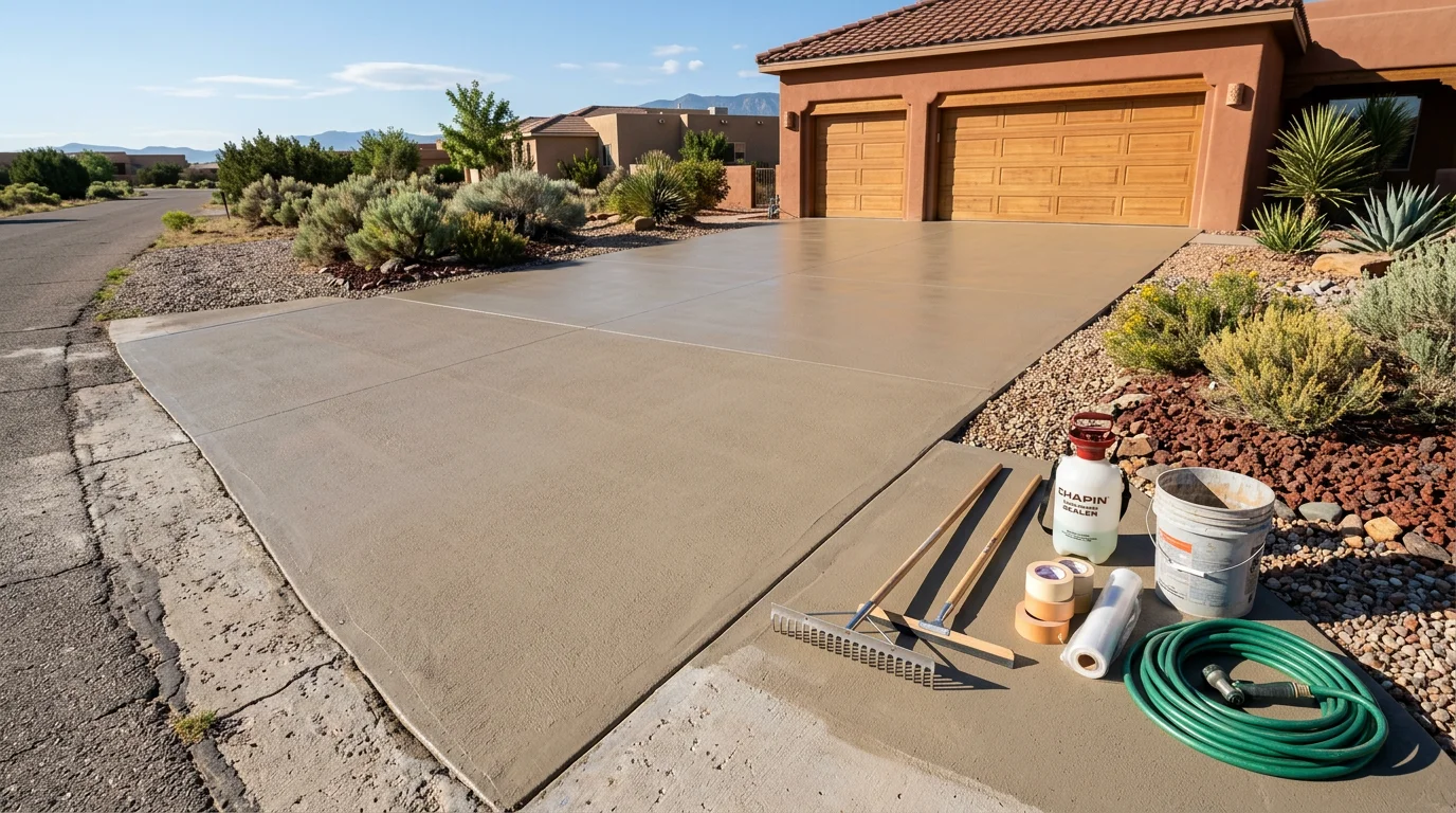 A freshly applied decorative concrete overlay on a residential patio in Rio Rancho, New Mexico, showing a smooth, even surface with a stamped stone-pattern texture. The finished slab sits under bright high-desert sunlight with a stucco home exterior visible in the background.
