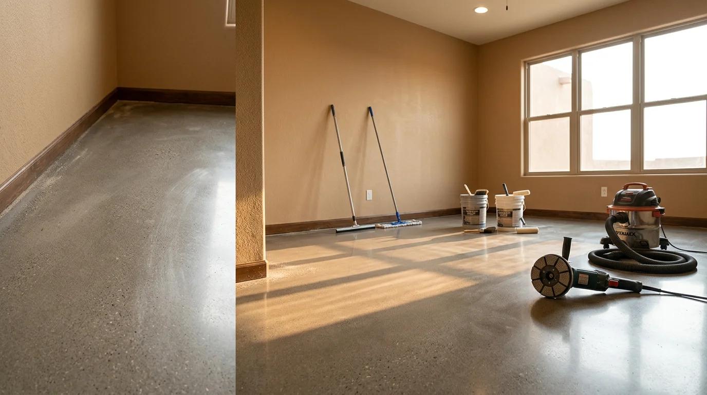 Polished and sealed concrete floor inside a Rio Rancho home, showing a smooth, light-reflective surface free of dust and surface wear. The finish extends across an open interior space typical of New Mexico residential construction.