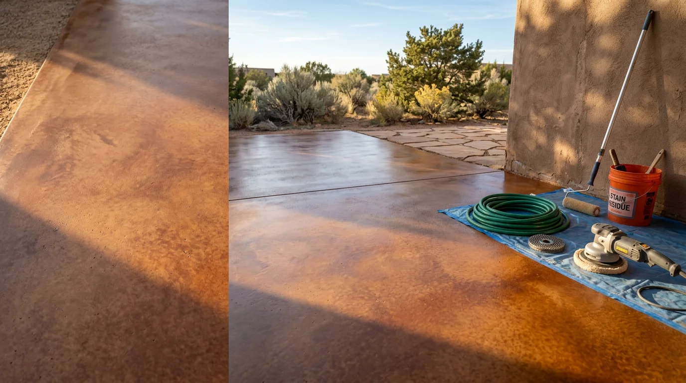 A freshly stained and sealed concrete patio in Rio Rancho, New Mexico, showing rich, even color and a smooth sealed surface under bright desert sunlight. The finished slab adjoins a stucco home exterior with desert landscaping visible in the background.