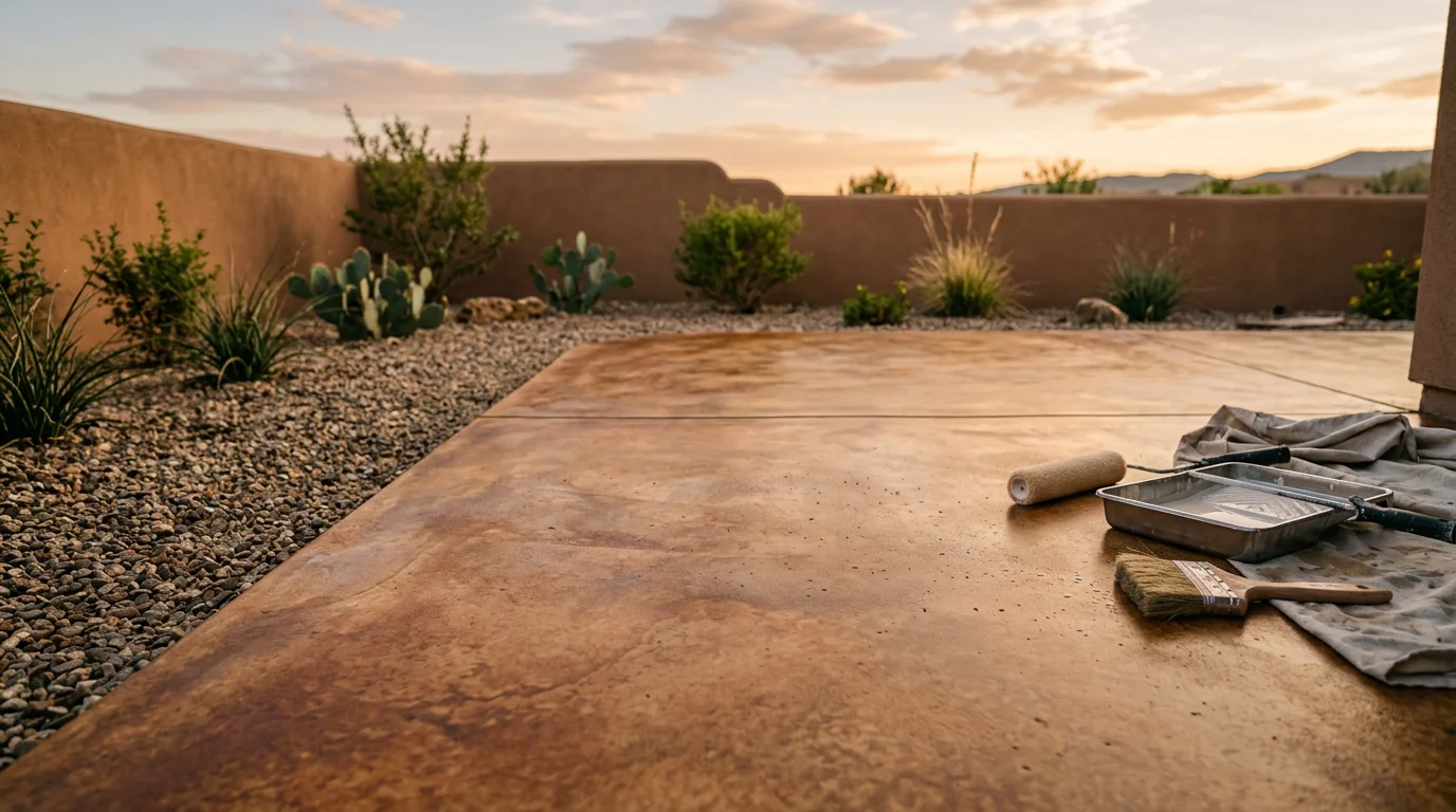 A freshly stained concrete patio in Rio Rancho, New Mexico, showing rich earth-tone color with a sealed, low-sheen finish. The surface shows even stain penetration across the slab with no peeling or pooling.