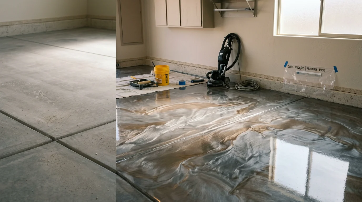 Finished customized metallic epoxy garage floor in a Rio Rancho, New Mexico home, showing deep copper and silver pigment layers beneath a high-gloss UV-stable polyaspartic topcoat. The seamless surface reflects overhead lighting with a liquid-like depth across the full two-car garage slab.