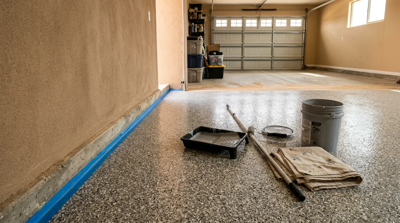 A freshly coated garage floor in a Rio Rancho home, showing a clean, smooth surface free of stains and concrete dust. The two-car garage interior is bright and finished, with the coating reflecting overhead light evenly across the slab.