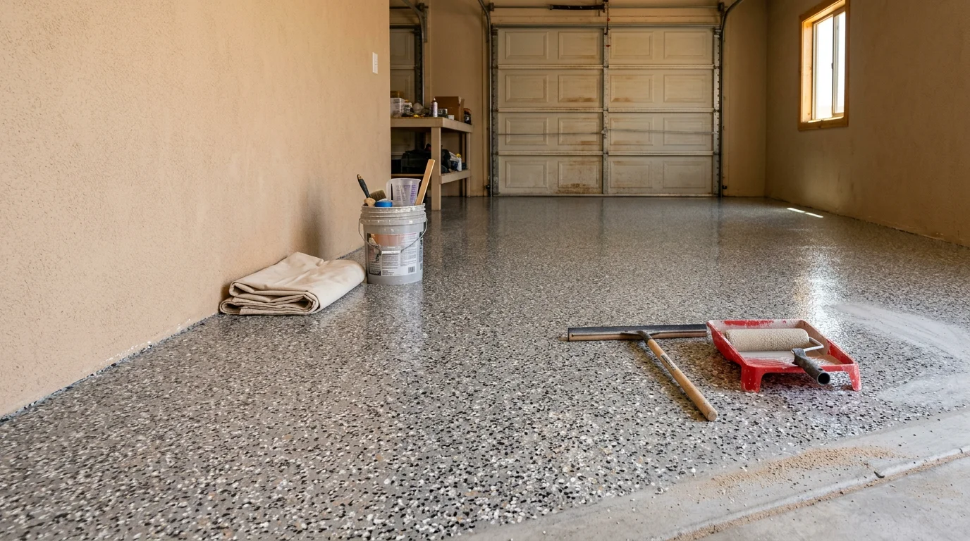 Finished garage floor flake system installed in a Rio Rancho, New Mexico home, showing a multi-color decorative flake pattern sealed under a clear topcoat on a clean two-car garage slab. The floor reflects overhead lighting and shows no bare concrete, staining, or surface dust.