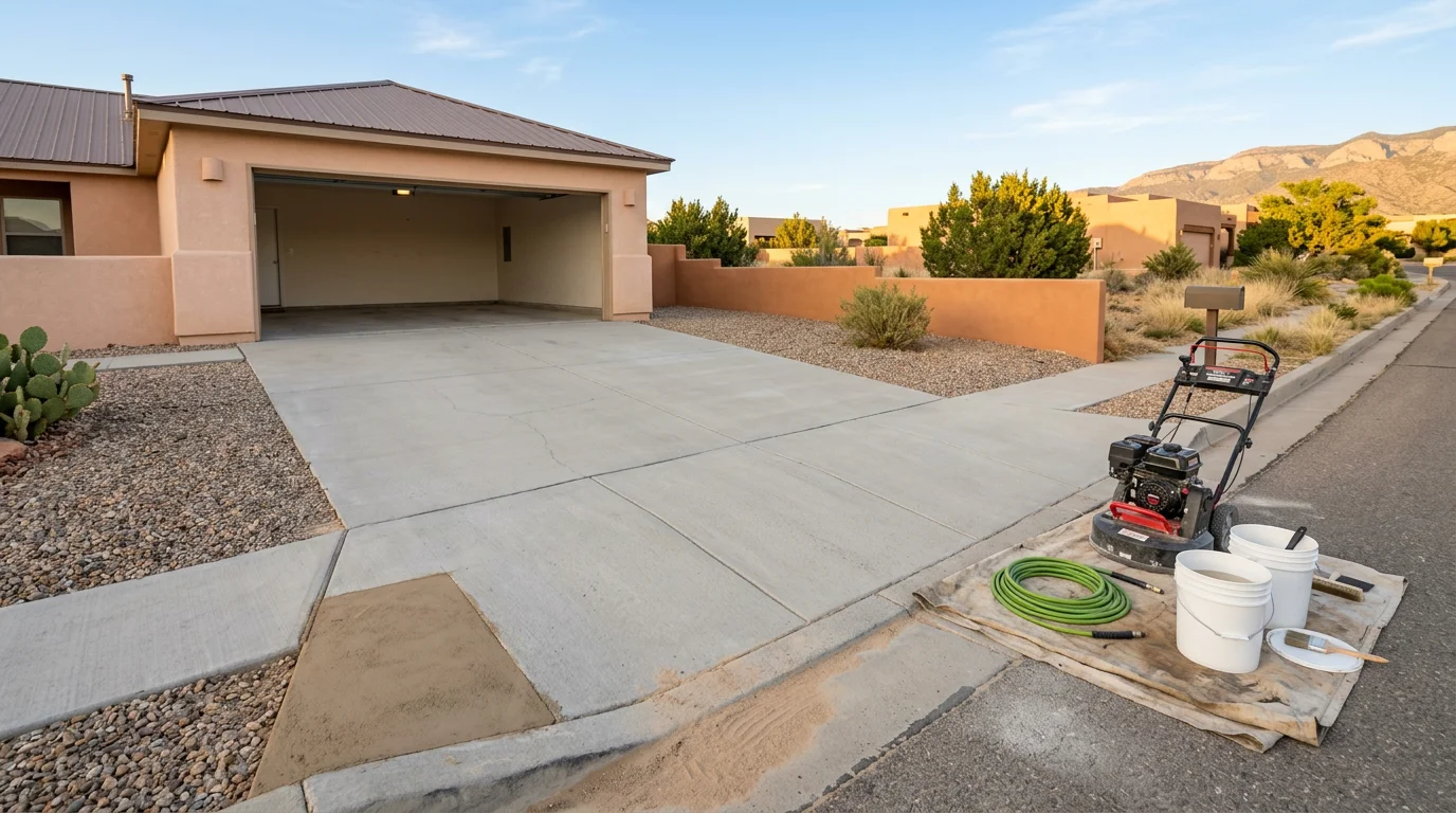 Restored concrete driveway in Rio Rancho, New Mexico showing a clean, crack-free surface after patio and driveway restoration work. Close-up view of the finished concrete surface with uniform color and smooth texture under bright New Mexico sunlight.