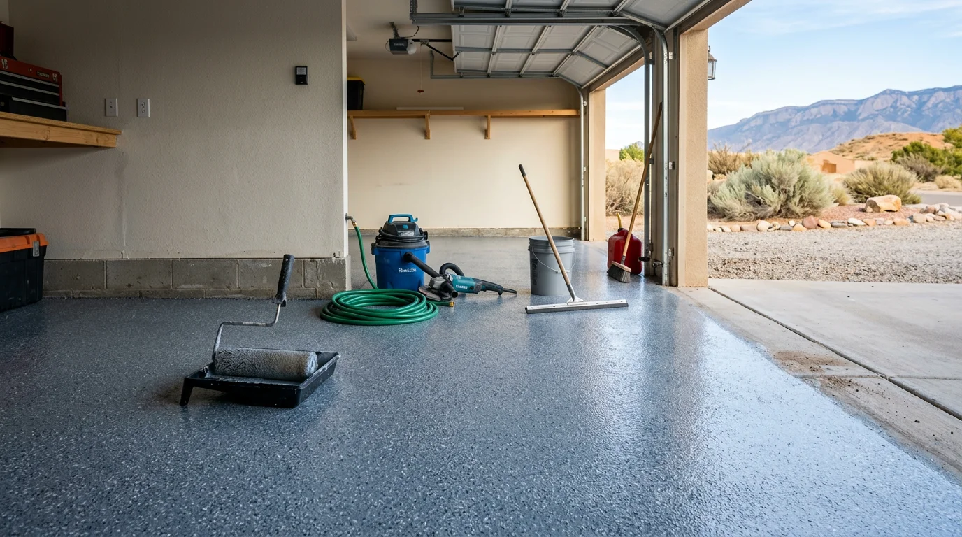 A freshly coated concrete floor inside a Rio Rancho home, showing a smooth, clean surface with an even finish throughout the room. The coating covers the full slab from wall to wall with no bare or uneven patches visible.