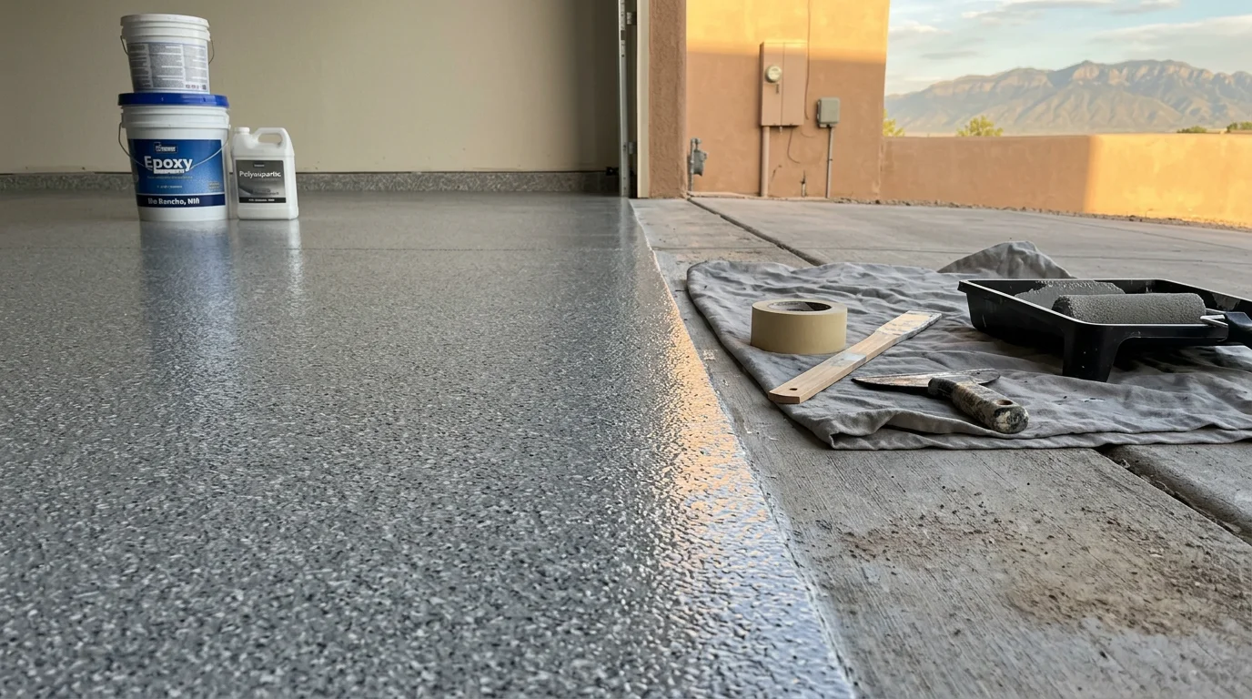 Freshly coated residential garage floor in Rio Rancho, New Mexico, showing a smooth, clean surface free of stains and concrete dust. The two-car garage floor has a uniform finish suited to the high-desert climate of the Albuquerque metro area.
