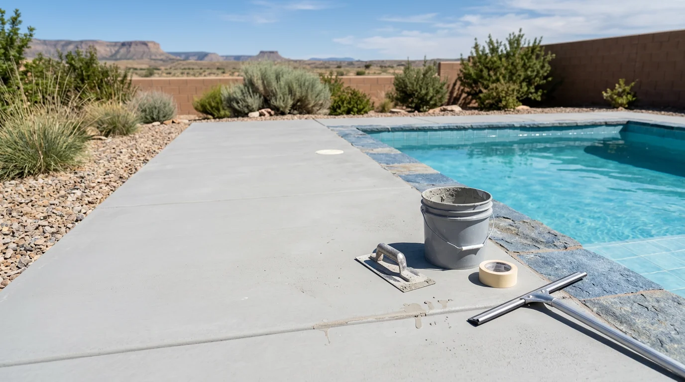 Restored concrete pool deck with a smooth, non-slip coating surface surrounding a residential pool in Rio Rancho, New Mexico. The finished deck shows no visible cracking or scaling, with an even, heat-reflective finish suited for the high desert sun.